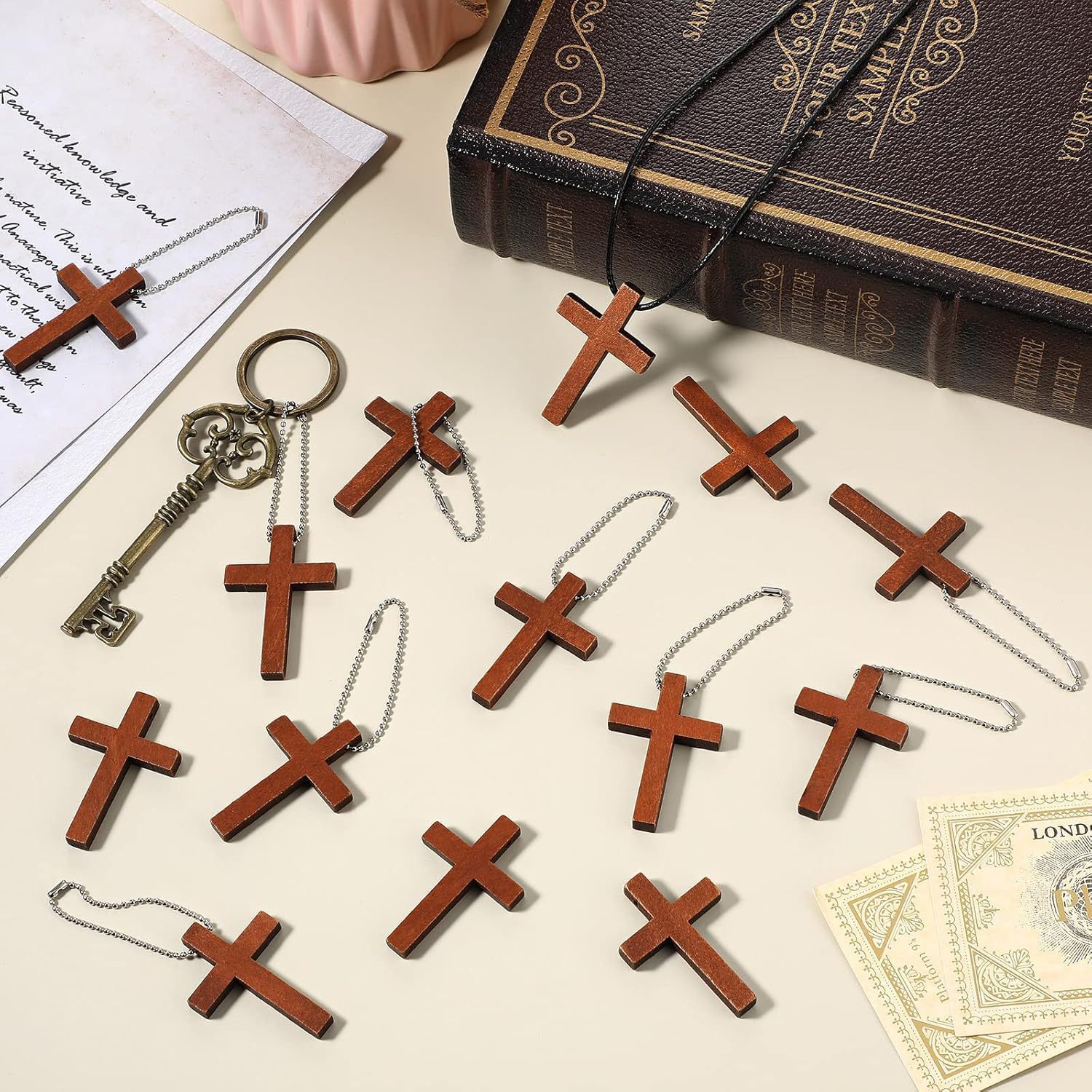 Antique Wooden Cross Keychain Dark Brown Vintage 44mm 20pcs 3