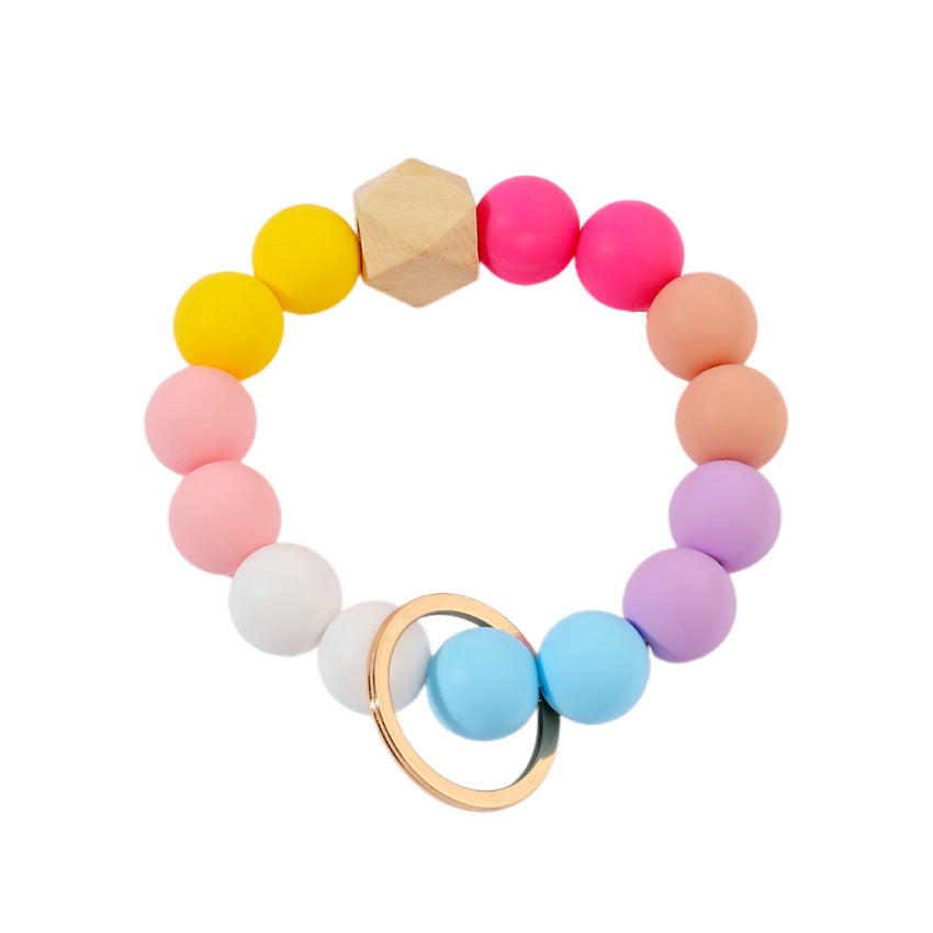 Silicone Beads Bracelet Wristlet Keychain with Wood Geometric Accent