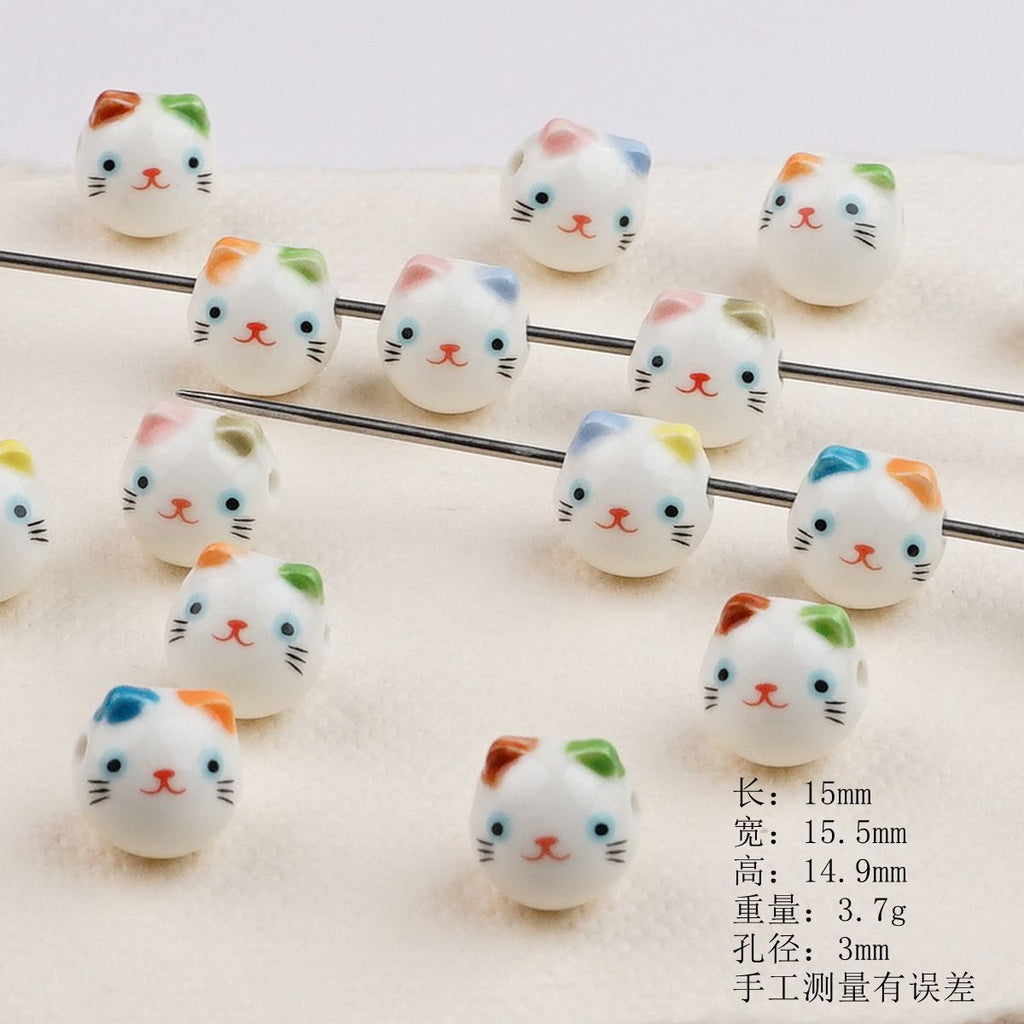 Colorful Cat Head Ceramic Beads 15mm Hand Painted 10pcs 4