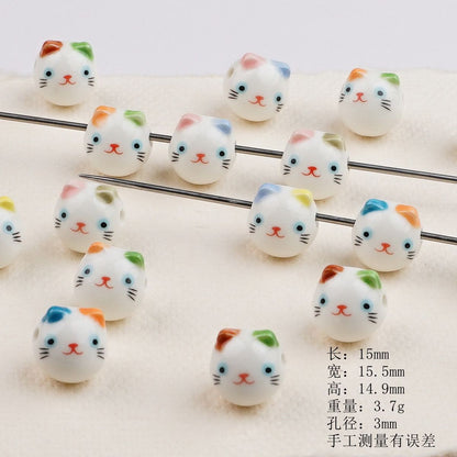 Colorful Cat Head Ceramic Beads 15mm Hand Painted 10pcs 4