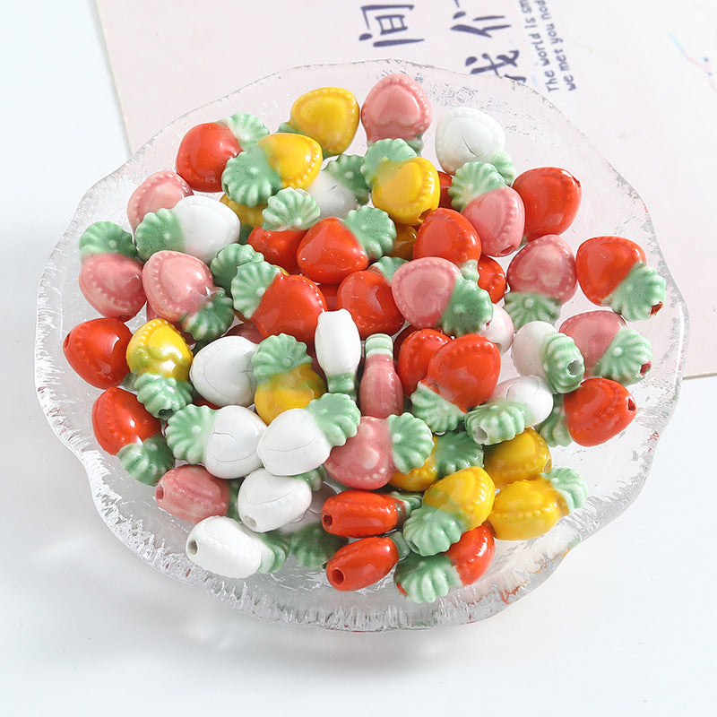 Hand Painted Heart Pineapple Ceramic Beads 15mm Glossy Pastel 10pcs 2