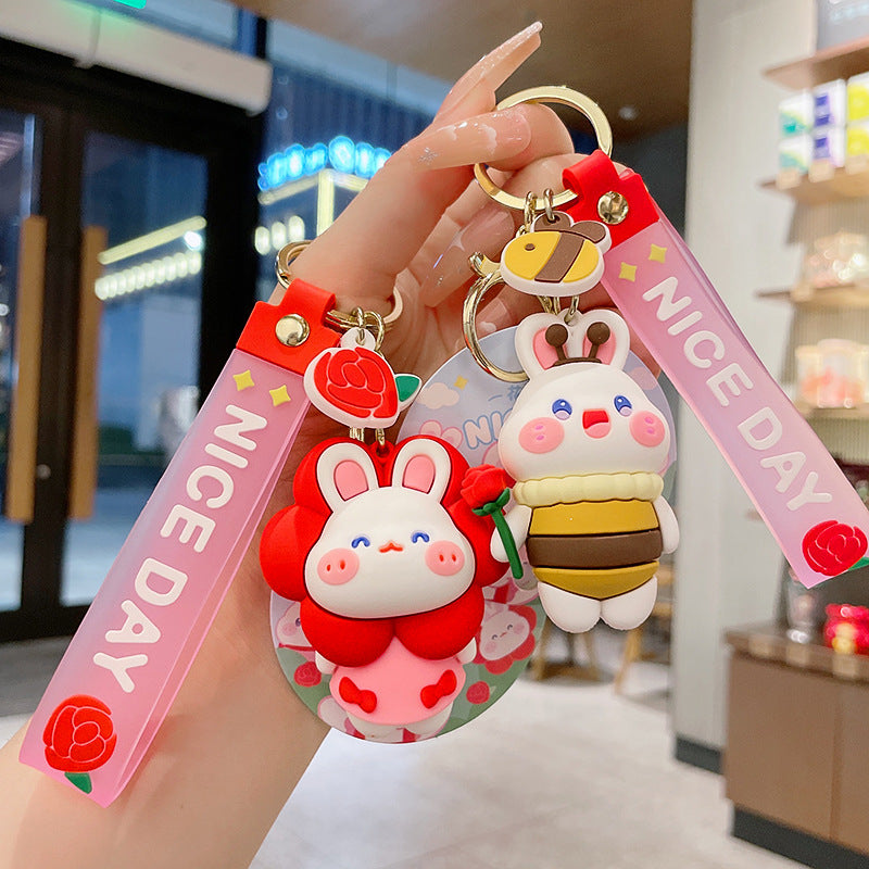 PVC Flower Bunny Keychain Cute Rabbit Charm with Nice Day Strap 2