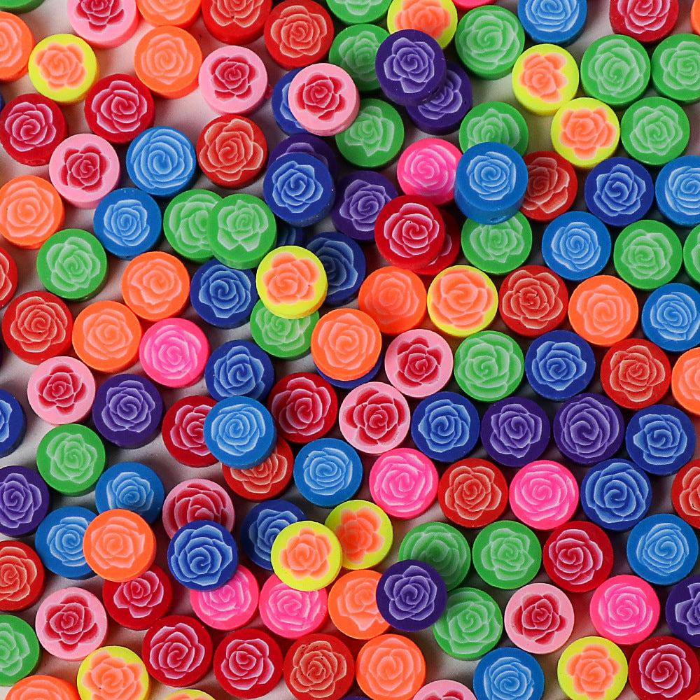 Flat Flower Clay Beads 10mm Colorful Rose Pattern Polymer 100pcs 6