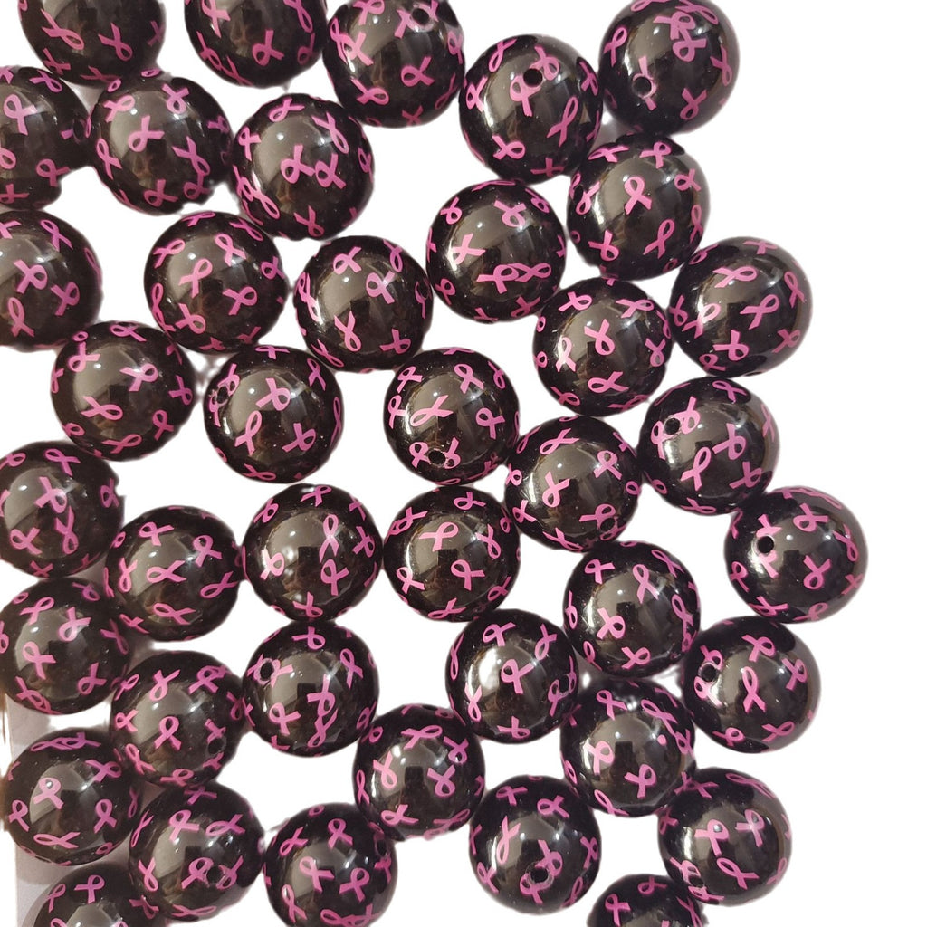 Printed Bubblegum Beads 20mm Black Pink Ribbon Glossy Acrylic 10pcs 4