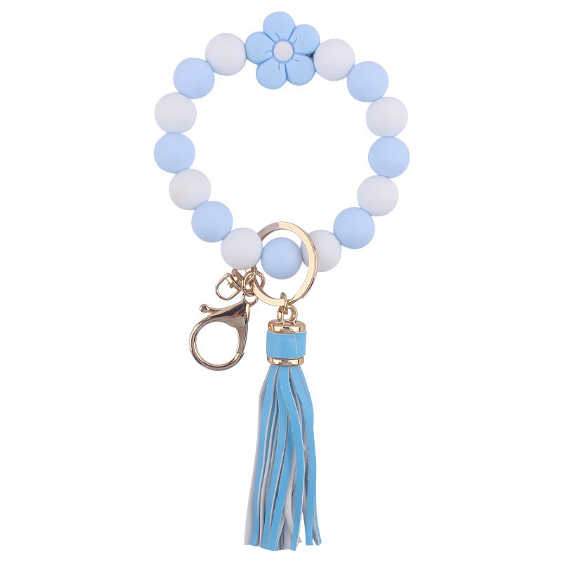 Colorful Flower Silicone Bead Wristlet Keychain with Leather Tassel 12