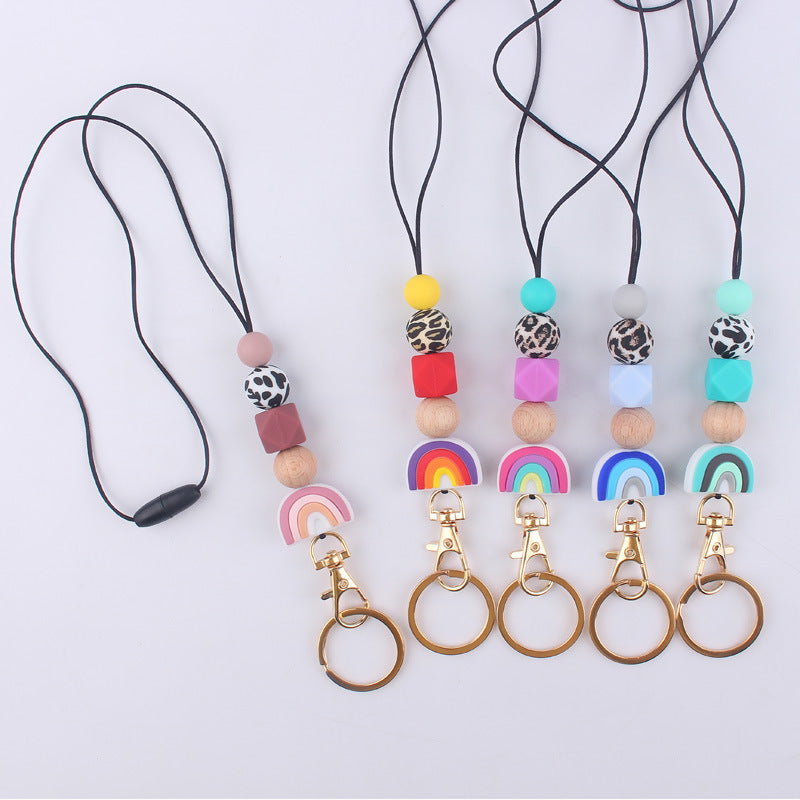 Silicone Rainbow Beaded Keychain Necklace with Leopard Print Accent