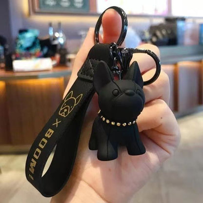 Bulldog Puppy Keychain Resin with Studded Collar and Leather Strap 4
