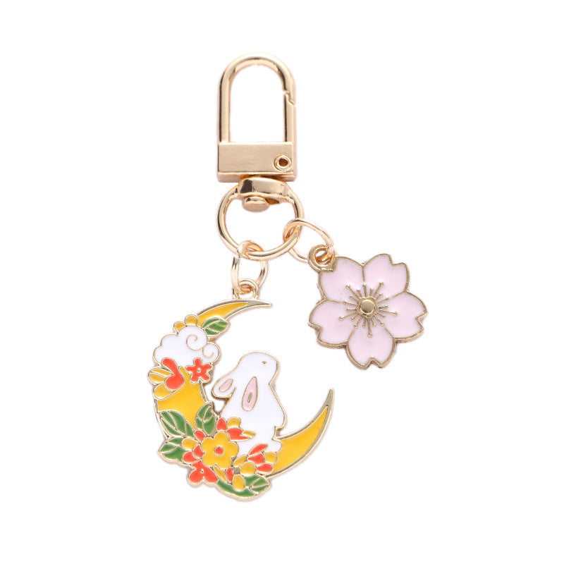 Metal Rose Rabbit Moon Wreath Keychain with Pastel Flower Charm 5
