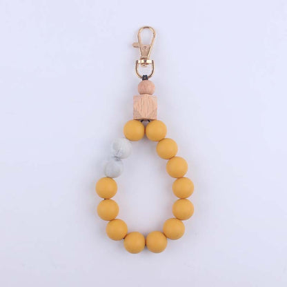 Wood Hexagon Silicone Bead Wristlet Keychain Natural Pastel Colors 9
