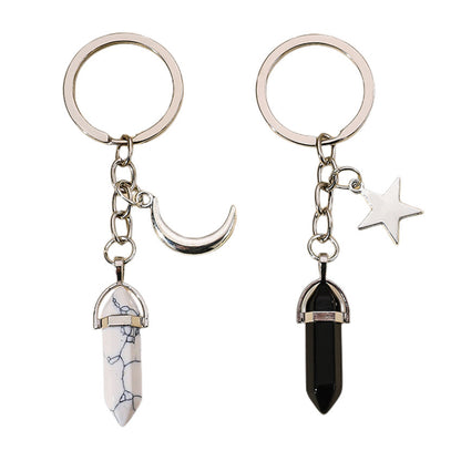 Alloy Pentagram Moon Couple Keychain Celestial Crystal Charm