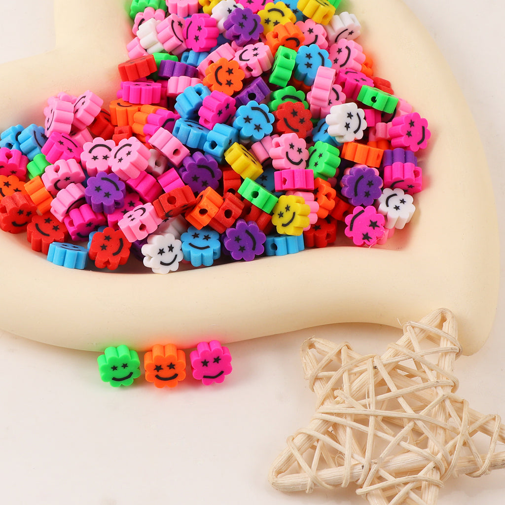 Flower Clay Beads 9mm Colorful Smiley Face With Star Eyes 100pcs 3