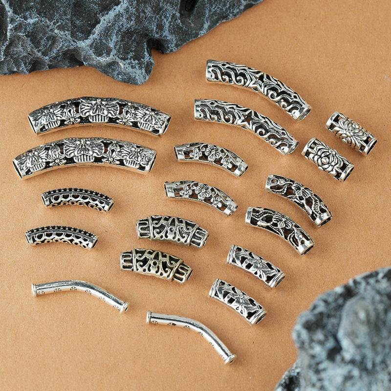 Tube Metal Beads Tibetan Hollowed-out Flower Pattern Vintage Silver Tone 20pcs 3