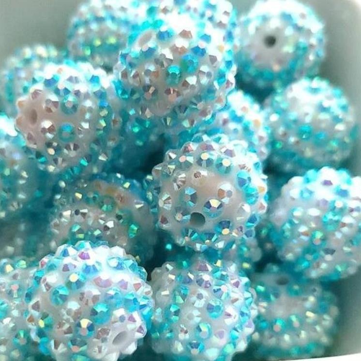 Rhinestone Bubblegum Beads 16-22mm Blue White Striped Resin 5pcs