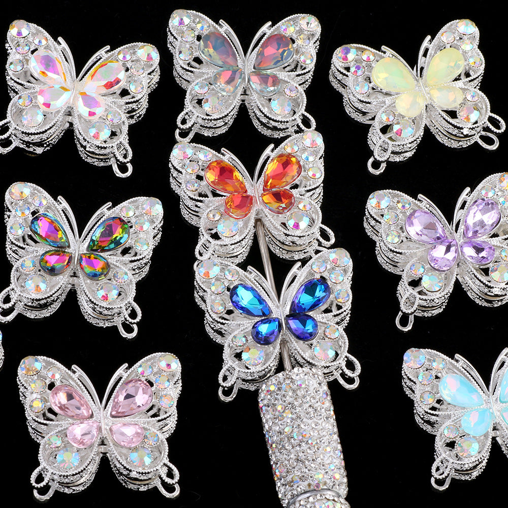 Double Sided Butterfly Rhinestone Beads 34mm Iridescent Alloy 2pcs