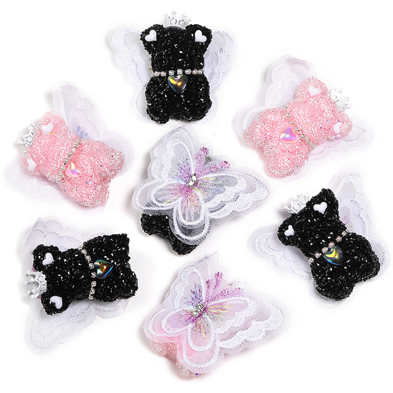Winged Little Bear Rhinestone Beads 25x41mm Sparkling Lace Wings 5pcs