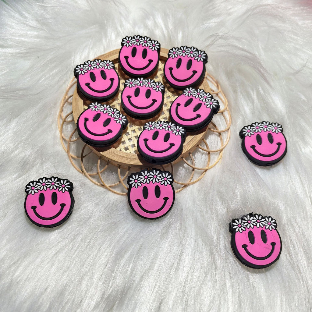 Silicone Focal Beads Smiley Flower Wearing Daisy Crown 20pcs 6