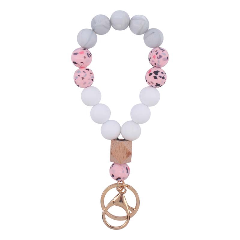 Leopard Wood Octagonal Silicone Bead Wristlet Keychain 7
