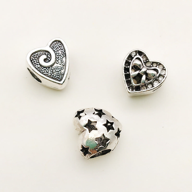 Heart Metal Beads Large Hole Metallic Silver Tone 30pcs 3