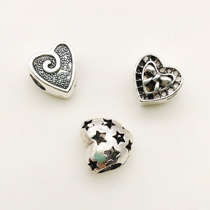 Heart Metal Beads Large Hole Metallic Silver Tone 30pcs 3