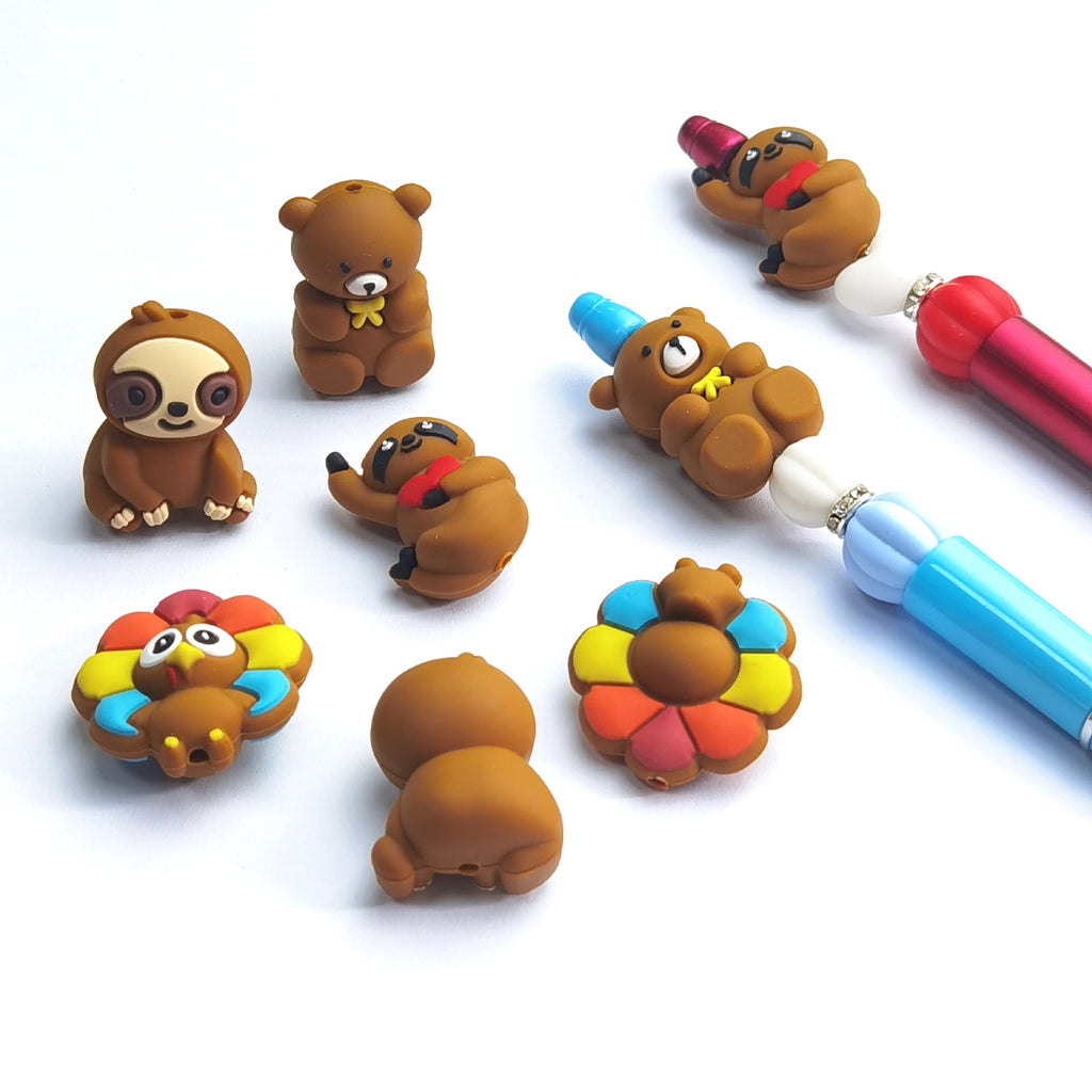Silicone 3D Focal Beads Cartoon Animal Sloth Raised Arm Turkey Feather Fan 20pcs 3