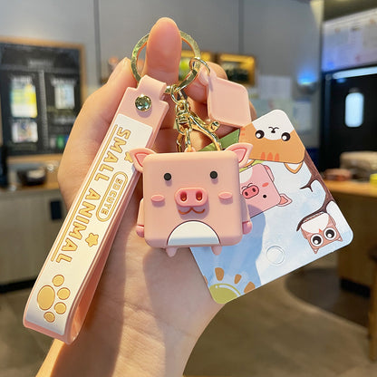 PVC Rubber Cube Animal Keychain with Leather Rope Dog Cat Owl Piggy 9