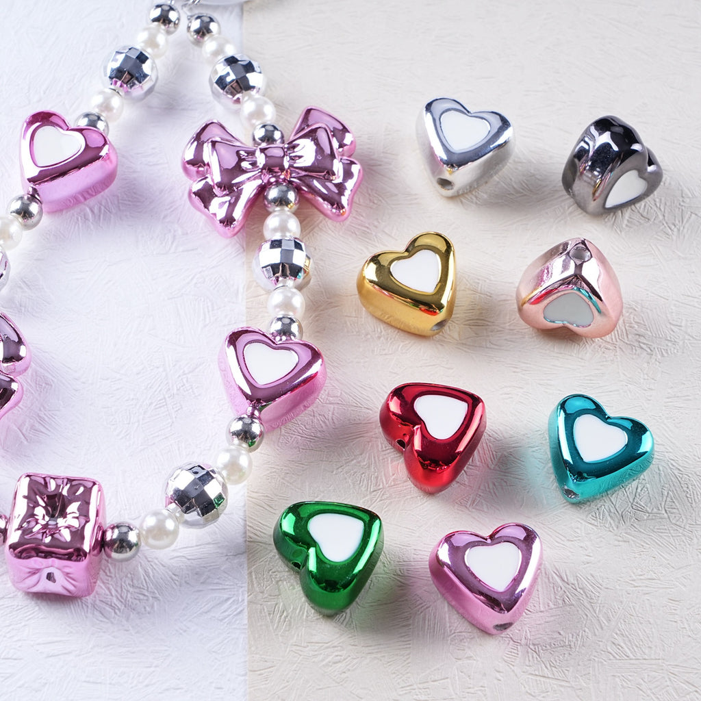 Metal Dual Color Heart Acrylic Beads 15mm Shiny Hollow 50pcs 4