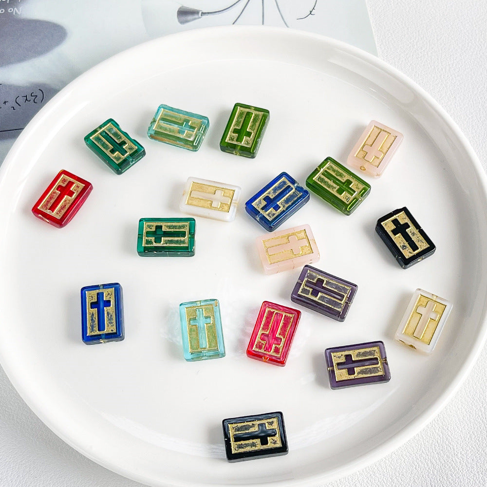 Vintage Cross Lampwork Glass Beads 17mm Gilded Rectangular 50pcs 4