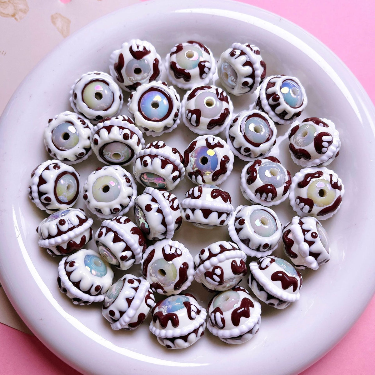 Hand-Painted Cake Acrylic Beads 16mm Glossy Brown Swirls 5pcs 4