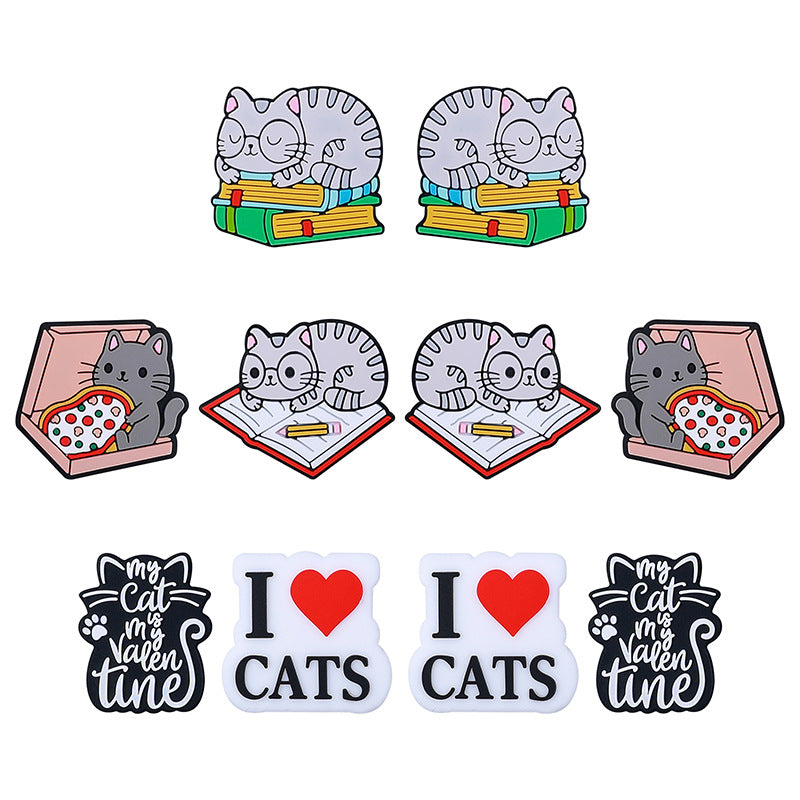 Silicone Focal Beads Cat Eating Pizza and Sleeping on Books 20pcs 2