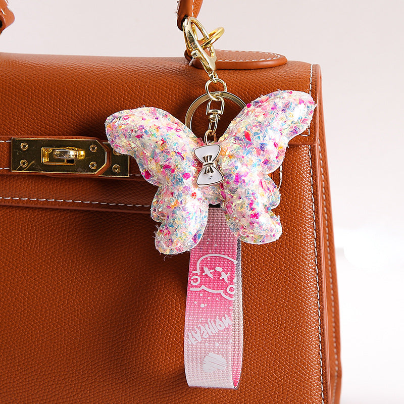 Sequin Butterfly Keychain Iridescent Wings Pink Black Strap 4