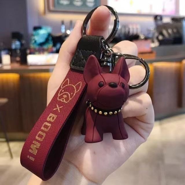 Bulldog Puppy Keychain Resin with Studded Collar and Leather Strap 3
