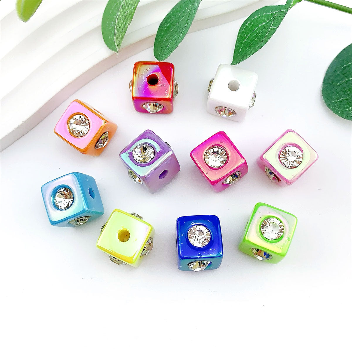 UV Plating Square Acrylic Beads 16mm Solid Color Rhinestone Embedded 20pcs 3