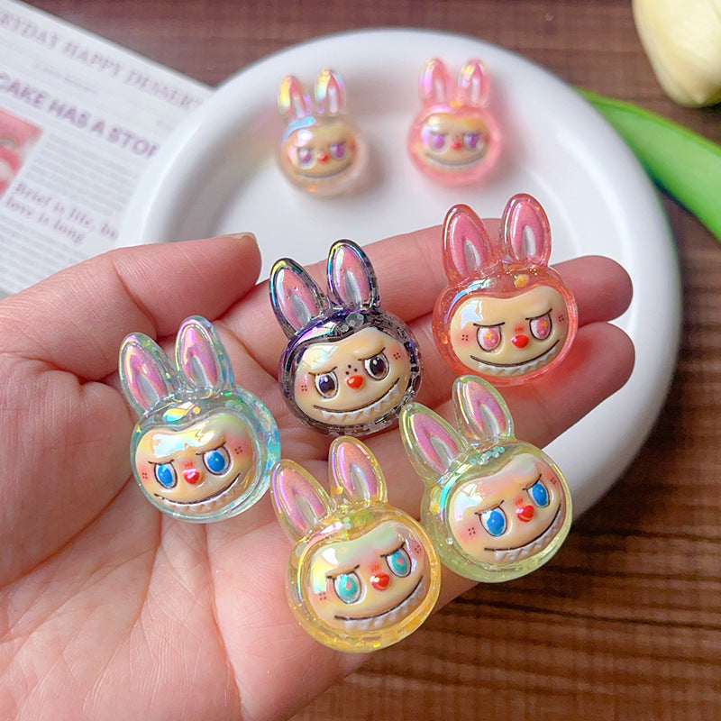 Iridescent Bunny Face Resin Beads 33mm Glossy UV Plating 5pcs 3
