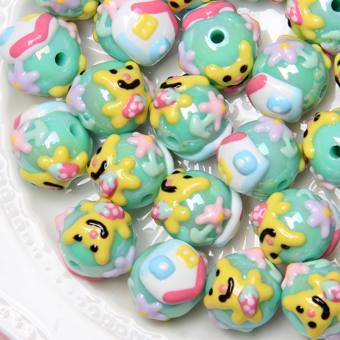Hand Painted Acrylic Beads 16mm New Year Dog Faces 10pcs 16