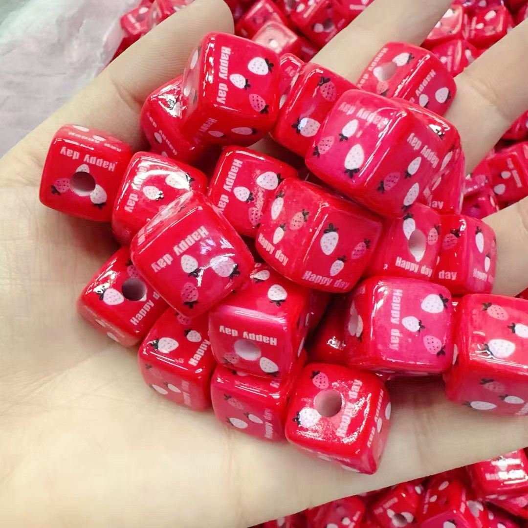 Pink Strawberry Printed Acrylic Square Beads 14mm 50pcs 3