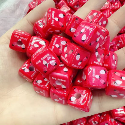 Pink Strawberry Printed Acrylic Square Beads 14mm 50pcs 3