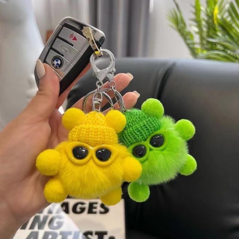 Fluffy Pom Pom Monster Doll Keychain with Sunglasses and Knitted Hat 5