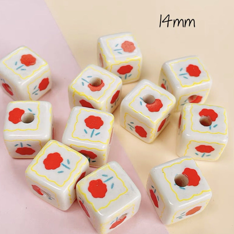 Cream Cartoon Printed Square Acrylic Beads 14mm 20pcs 15