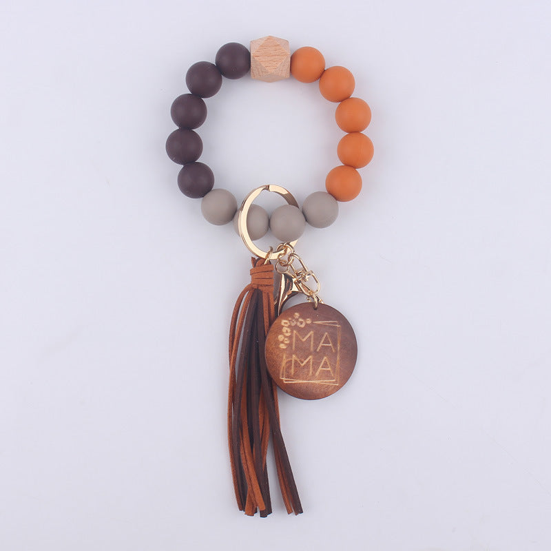 Silicone Bead Wristlet Keychain with Wood Tag and Leather Tassel MAMA 16
