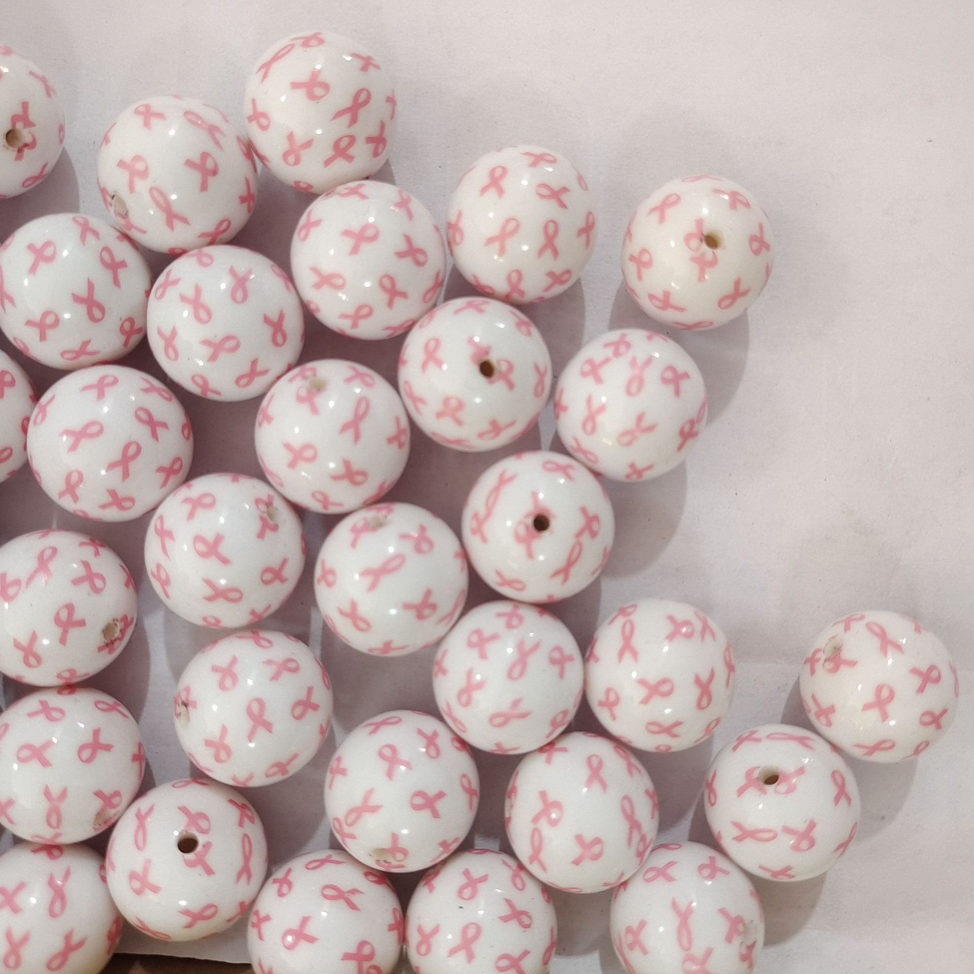 Printed Bubblegum Beads 20mm Pink Ribbon Design 10pcs