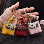 Leather Owl Keychain Wild Animal with Tassel Charm Vibrant Colors