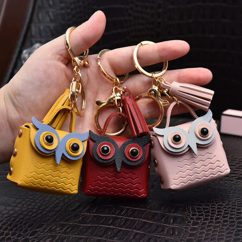 Leather Owl Keychain Wild Animal with Tassel Charm Vibrant Colors