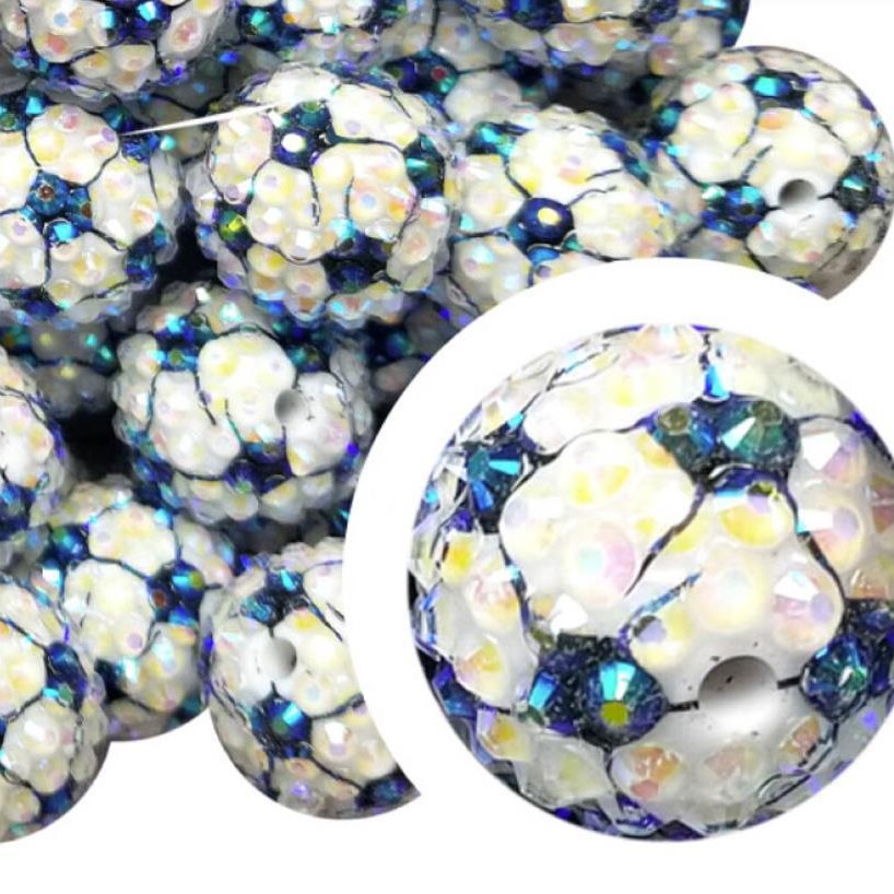 Plated Bubblegum Beads 20mm Football Pattern Rhinestone Sparkle 10pcs