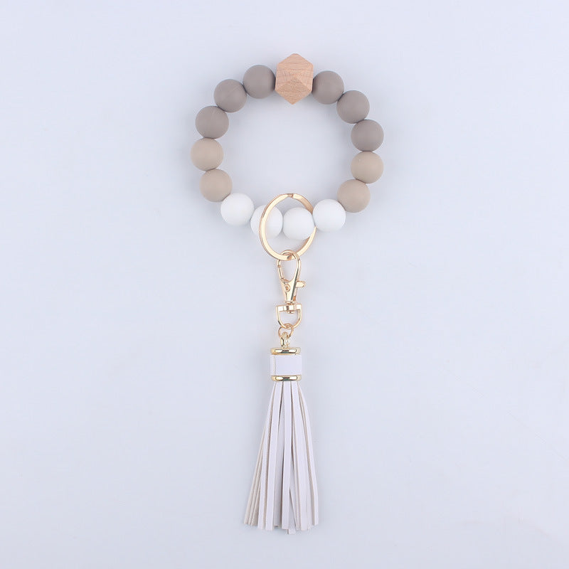 Silicone Beaded Wristlet Keychain with Wooden Beads and Leather Tassel 8cm 17