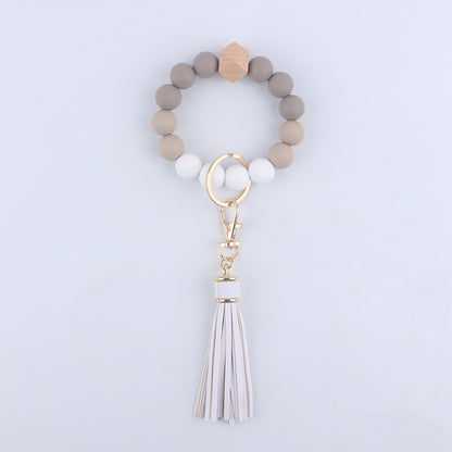 Silicone Beaded Wristlet Keychain with Wooden Beads and Leather Tassel 8cm 17