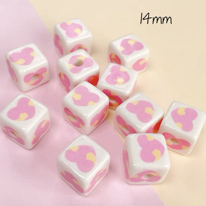 Cream Cartoon Printed Square Acrylic Beads 14mm 20pcs 8