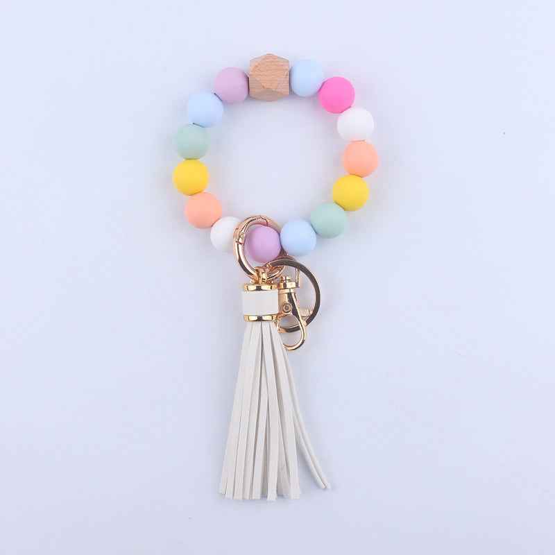 PU Leather Tassel Silicone Bead Wristlet Keychain Colorful Animal Print 13