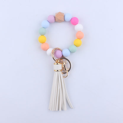 PU Leather Tassel Silicone Bead Wristlet Keychain Colorful Animal Print 13