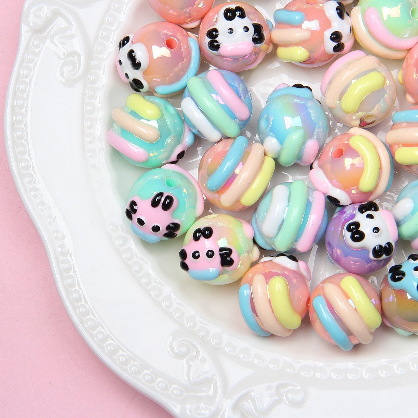Painted Acrylic Beads 16mm Cream Colored Textured Pastel Doodles 10pcs 7