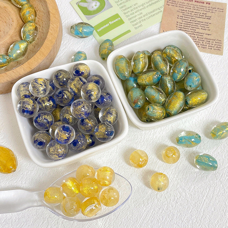 Lampwork Glass Beads Olive Shaped Vintage Gold Foil Filled 1pc 4